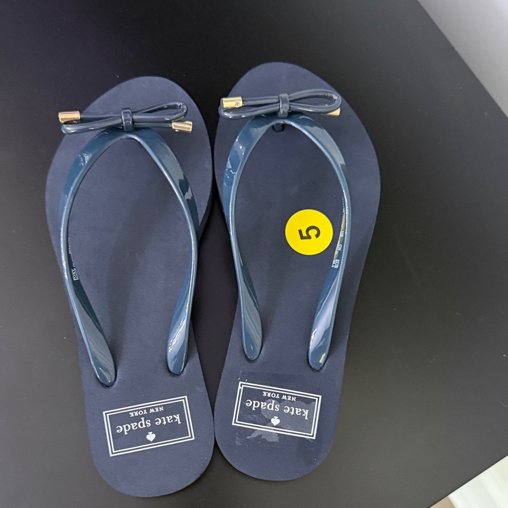 kate spade Navy Bow Flip Flop Sandals with Gold Accents
